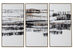 Set Of 3 Paintings Lines Abstract Wood/canvas White/black/gold