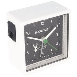 Quartz alarm clock white with light, with black dial, with battery, Made in Germany, Made in Black F