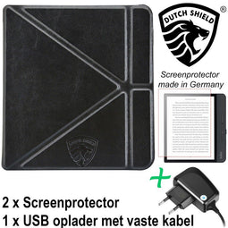 Origami Sleepcover Geschikt voor Kobo Libra H2O Hoes Zwart + Screenprotector + Oplader *