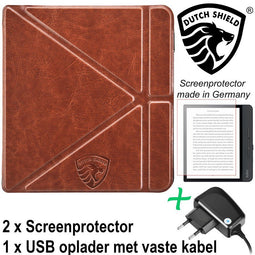 Origami Sleepcover Geschikt voor Kobo Libra H2O Hoes Cognac Bruin + Screenprotector + Oplader *