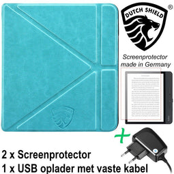 Origami Sleepcover Geschikt voor Kobo Libra H2O Hoes Turquoise + Screenprotector + Oplader *