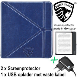 Origami Sleepcover Geschikt voor Kobo Libra H2O Hoes Marine Blauw + Screenprotector + Oplader *