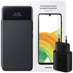 Samsung Originele S View Cover + Screenprotector + 25 Watt Fast Charging adapter Galaxy A33 - Zwart