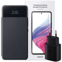 Samsung Originele S View Cover + Screenprotector + 25 Watt Fast Charging adapter Galaxy A53 - Zwart