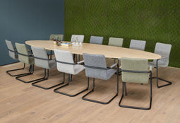 Vergadertafel Victory ellips 420x120 cm op 3 poten frame Aluminium (RAL9006) blad Antraciet eiken