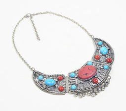 Silver-Toned Engraved Studded Necklace with Extension Chain