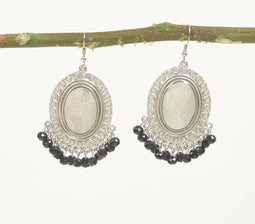 Silver-Toned Brass & Black Glass Beads Dangle Earrings