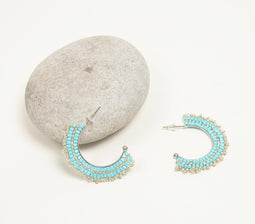 Silver & Turquoise Glass Beaded C-Hoop Earrings