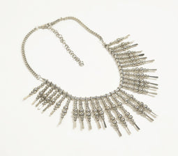 Silver-Toned Beaded Spikes Bib Necklace with Extension Chain