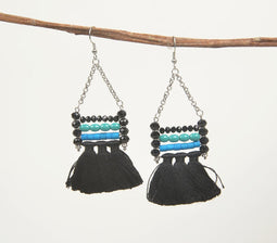 Silver-Toned Beaded Tasseled Earrings