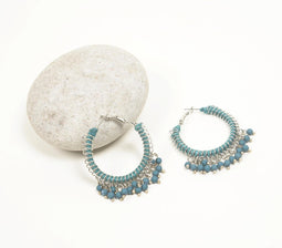 Silver-Toned Iron & Teal Glass Beads Hoop Earrings