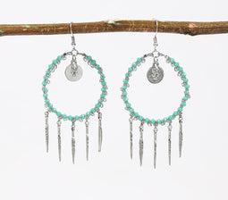 Silver-Toned Iron & Turquoise Beads Shoulder-Duster Earrings
