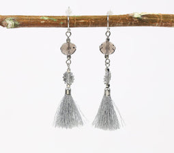 Silver-Toned Metal & Bead Tasseled Dangle Earrings