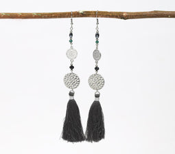 Silver-Toned Metal & Beads Tasseled Dangle Earrings