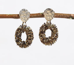 Silver-Toned Recycled Brass & Brown Czech Seed Beads Drop Earrings