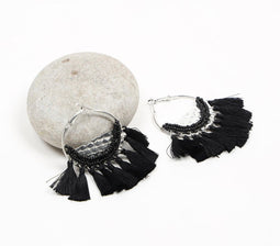 Tasseled Black Hoop Earrings