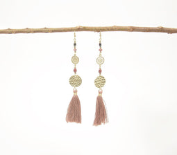 Taupe Tassel & Beads Dangle Earrings