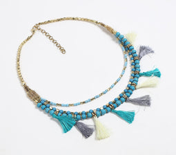 Teal Beaded & Tasseled Boho Necklace