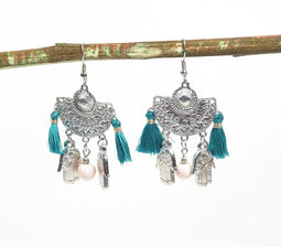Teal Tasseled Hamsa Hand Charm Earrings