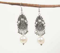 Textured Oxidised Silver Pearl Dangle Earrings