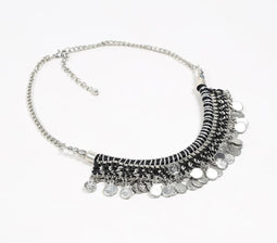 Woven Thread & Silver-Toned Iron Coins Tribal Bib Necklace