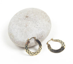 Antique Etched Brass Huggie Hoop Earrings