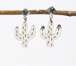 Antique Silver-Toned Brass Cactus Drop Earrings
