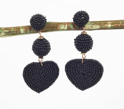Beaded Black Heart Dangle Earrings