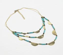 Aqua Beaded & Metallic Crescent Layered Necklace