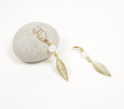 Beaded Feather Brass Dangle Earrings