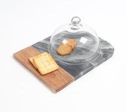 Black Marble & Wood Colorblock Cake Platter With Glass Dome
