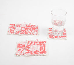 Block Printed Fiery Floral Cotton Coasters with Lace trims (set of 6)