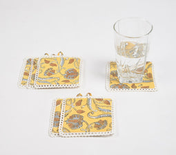 Block Printed Lemon Floral Cotton Coasters with Lace Trims (set of 6)
