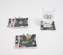 Block Printed Midnight Floral Cotton Coasters with Lace Trims (set of 6)