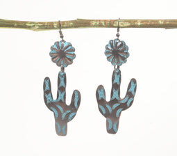 Brass Monochrome Floral-Cacti Dangle Earrings