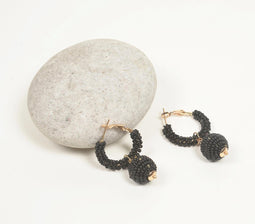 Bronze-Toned Iron & Black Beaded Dangled-Hoop Earrings