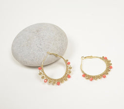 Coral Bead & Meatllic Hoop Earrings