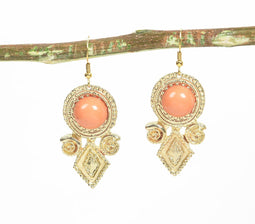 Coral Bead & Gold-Toned Textured Dangle Earrings