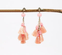 Coral Pink Beaded & Tasseled Drop Earrings