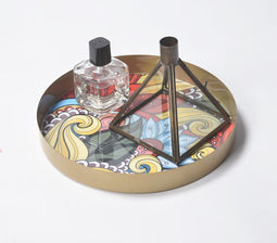 Dramatic Floral Enamelled Metal Round Tray