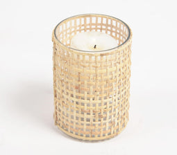 Earthy Plain Weave Glass & Cane Candle Holder
