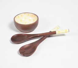 Enamelled Mango Wood Bowl & 2 Salad Servers