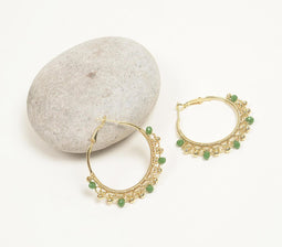 Ethnic Green Beaded Metallic Hoop Earrings