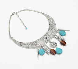 Engraved Silver-Toned Bib Necklace with Extension Chain