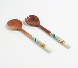 Enamelled Wooden Geometric Salad Servers (Set of 2)