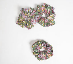 Floral Sage & Pink Block Printed Scrunchie hair ties set of 3