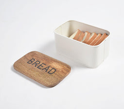 Galvanized Iron Textured Typographic Bread Box with Wooden Lid