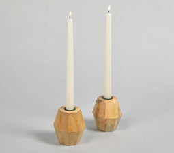 Geometric Hand Carved Mango Wood Candle Holders (Set of 2)