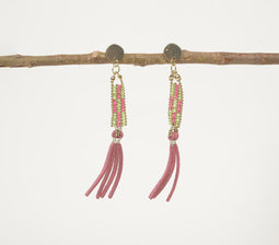 Glass Bead & Suede Tassel Dangle Earrings