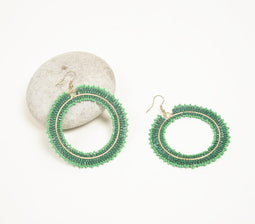 Glass Beaded Green Loop Dangle Earrings
